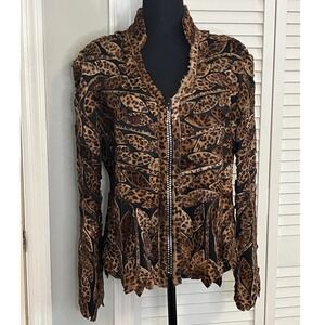 Image Leather Leopard leaf Jacket Women L Full Zip‎ Mesh Long Sleeve Lightweight